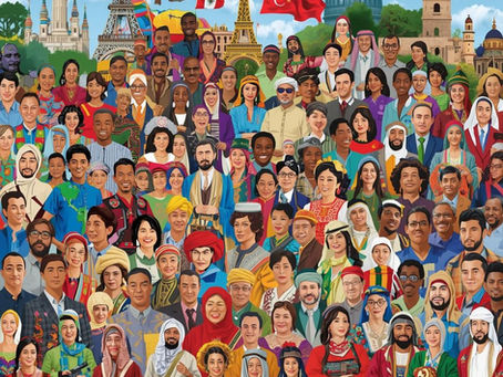 Una figura de gente de diferentes paises con banderas y puntos de atraccion de diferentes paises