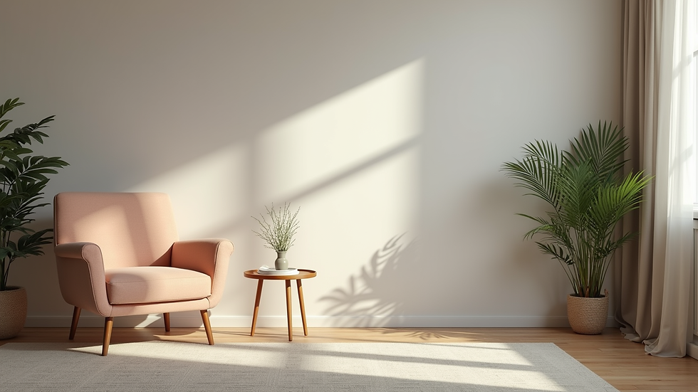 Eye-level view of a neat living room with a comfortable armchair and a small table