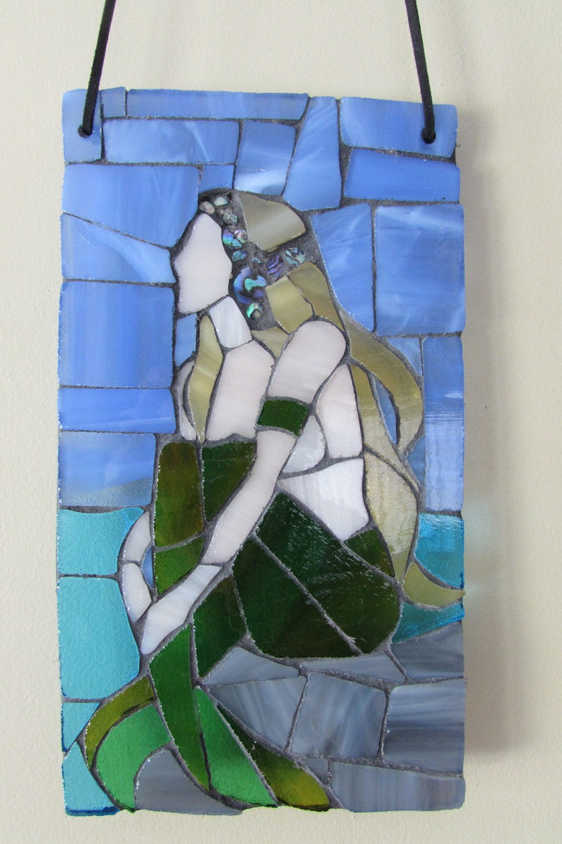 Mermaid on rocks stained glass mosaic suncatcher