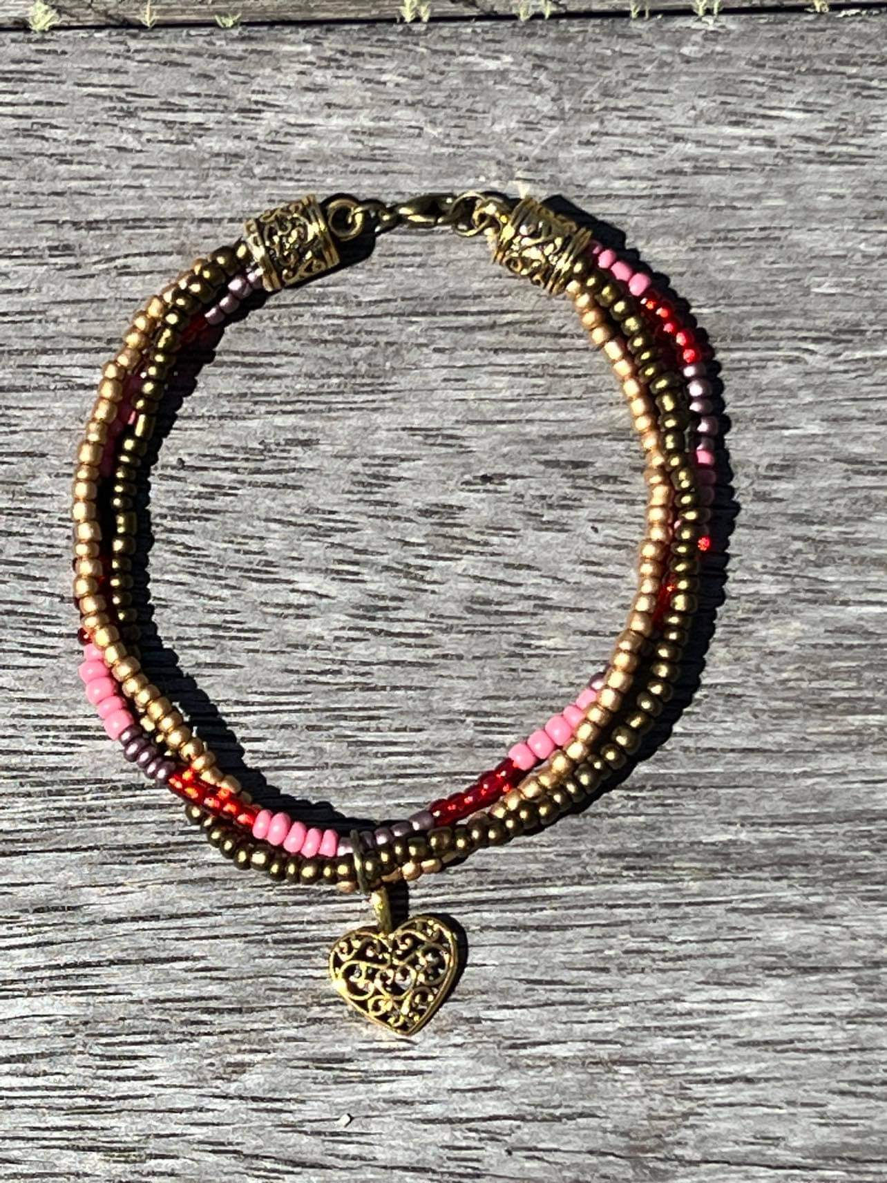Antique bronze heart seed bead bracelet