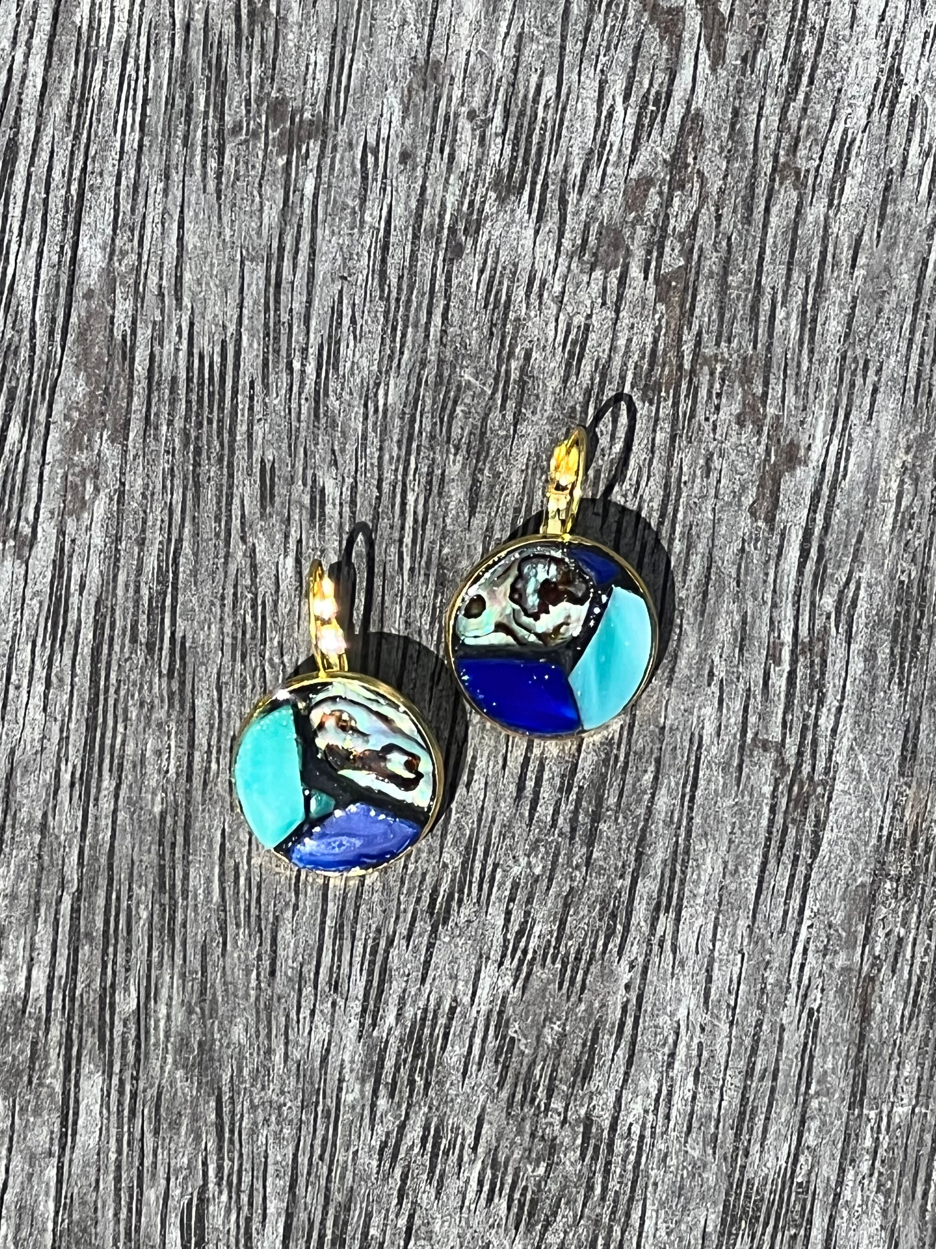 Medium round stained glass mosaic and paua earrings