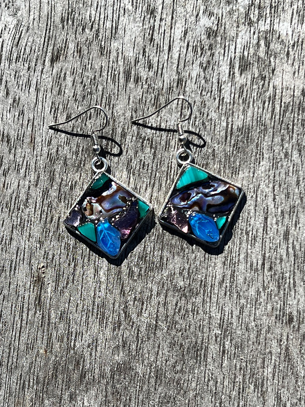 Square silver stained glass and paua earrings
