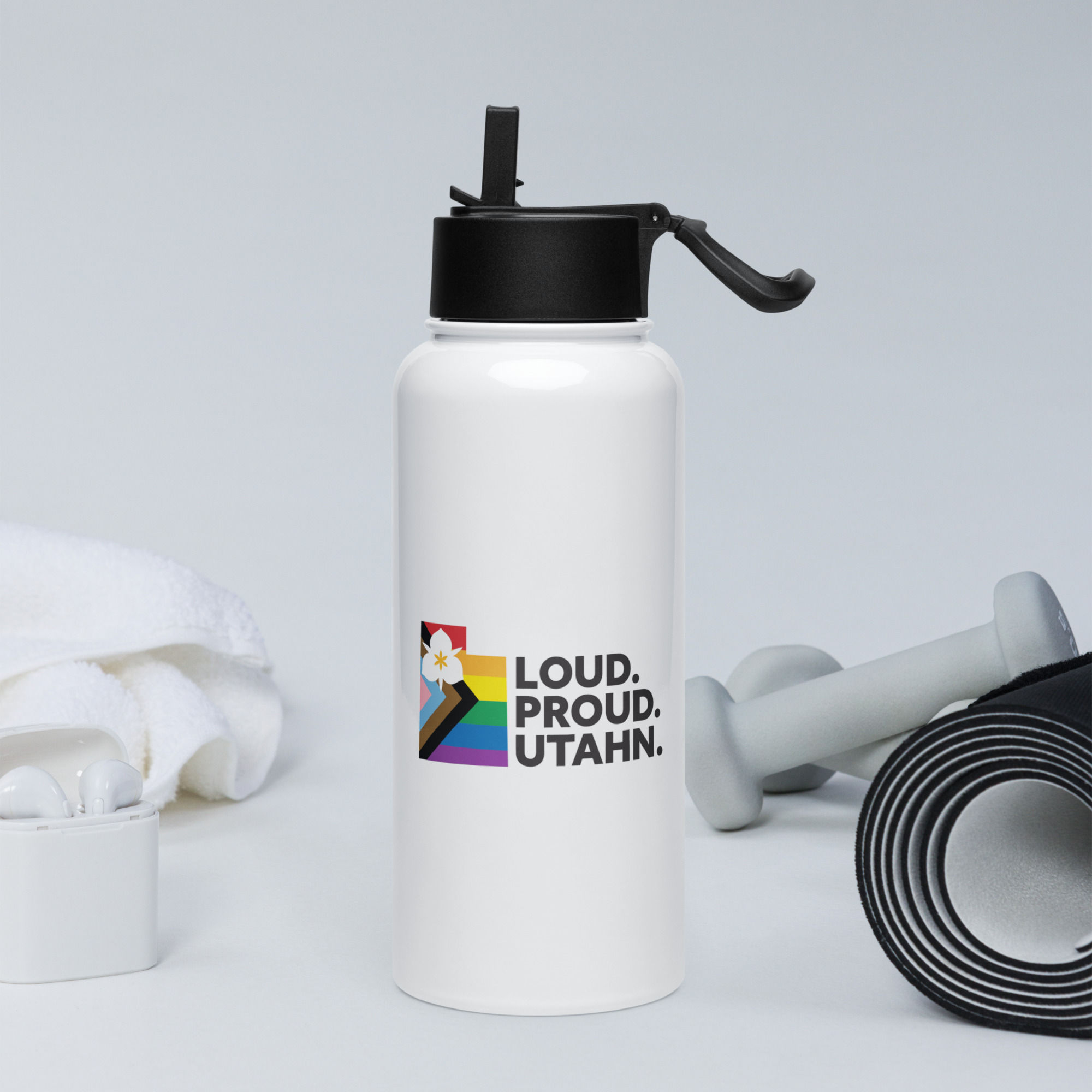 Stainless steel water bottle with a straw lid