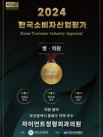 자이언트정형외과 2024년 KICA 한국소비자산업평가 "병의원" 우수 업체 선정되었습니다.