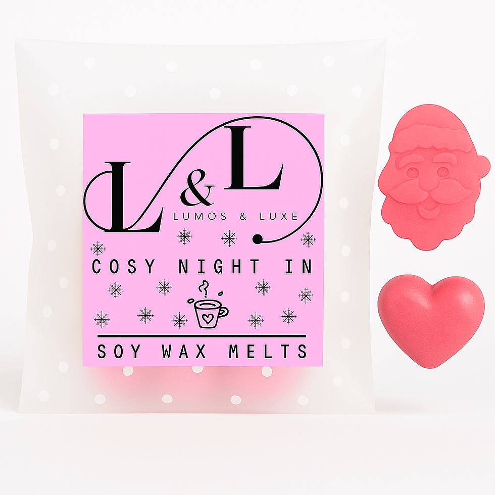 Lumos & Luxe Cosy Night In Wax Melts in a frosted pouch with a pink label, beside pink Santa and heart-shaped soy wax melt