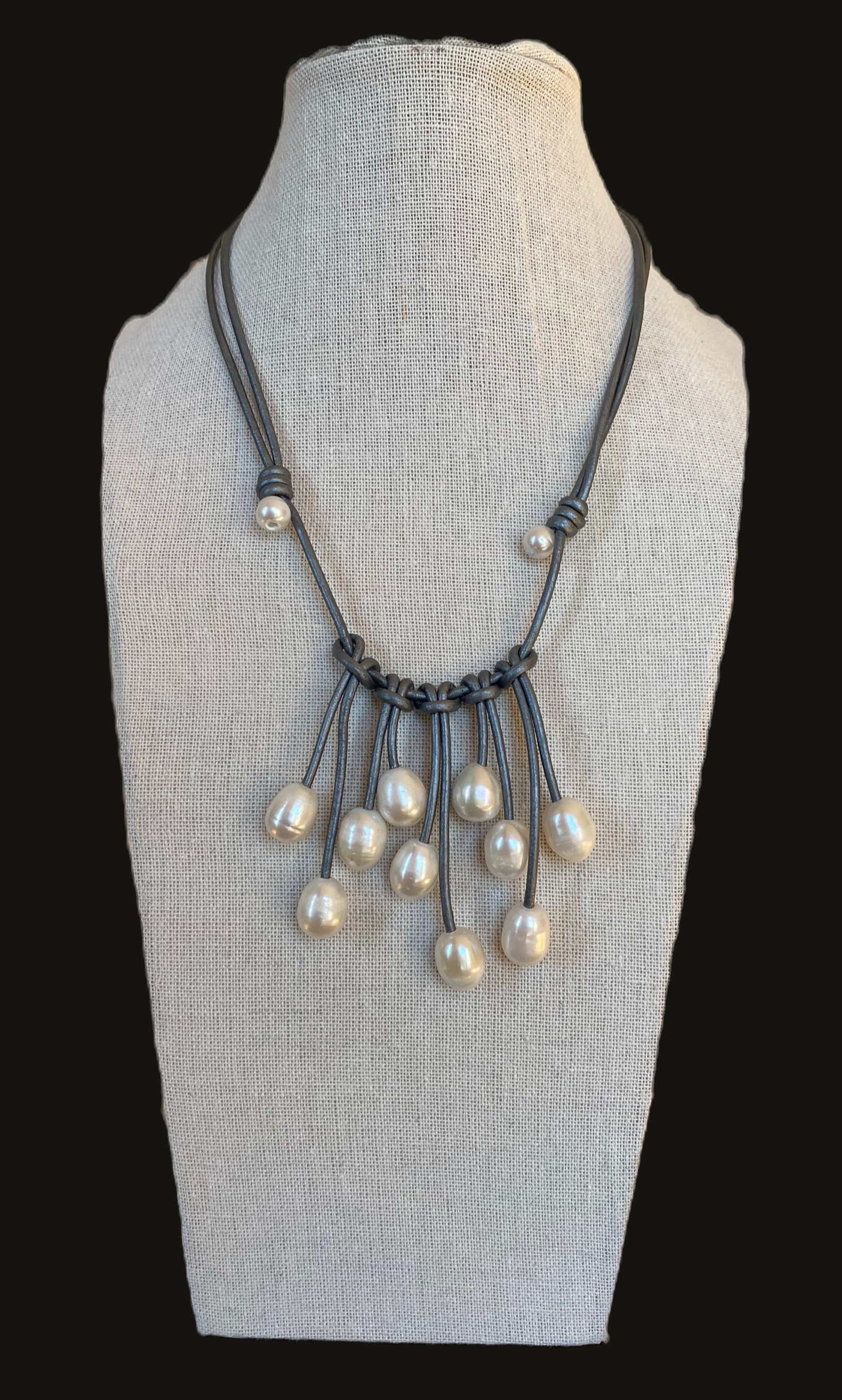 Metallic Gray Leather w/Cascading Fresh Water Pearls Necklace
