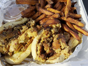 Salmon Chopped Cheese and Sweet Potato Fries w/ Chefs 2 Go sauce