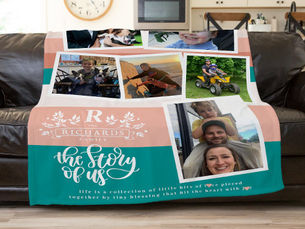 Review Family Name Photo Collage | Teal & Pink Fleece Blanket