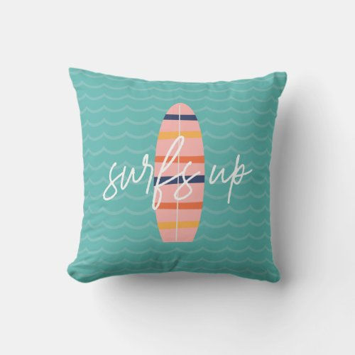 Best Deals! Surfs Up Pink surfboard and waves Throw Pillow