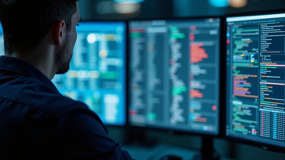 Close-up view of a technician monitoring cybersecurity systems on multiple screens