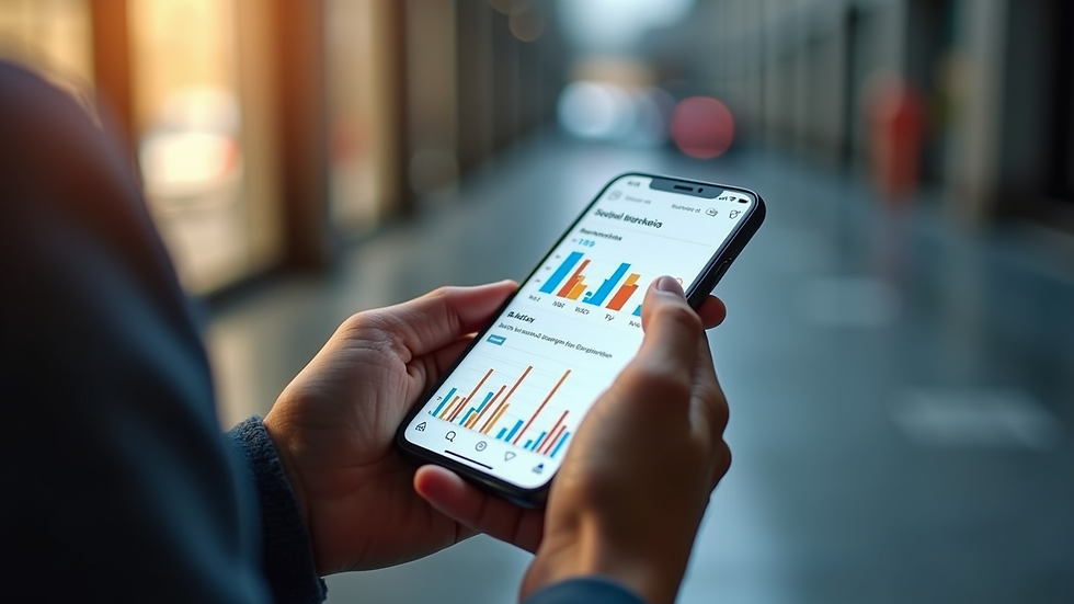 Close-up view of a smartphone showing social media marketing dashboard