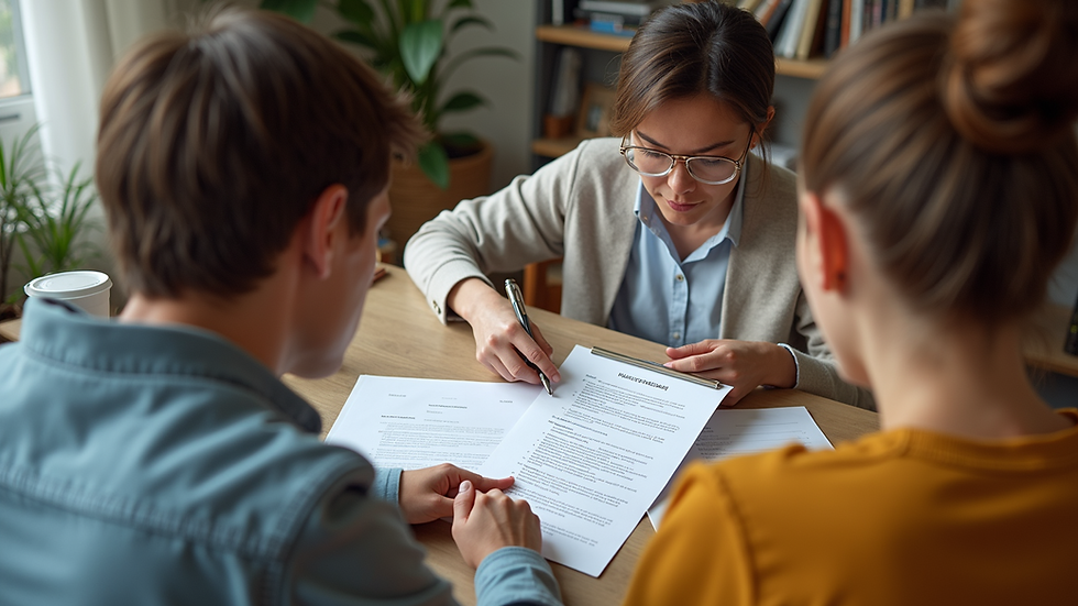 High angle view of a family sitting together reviewing documents
