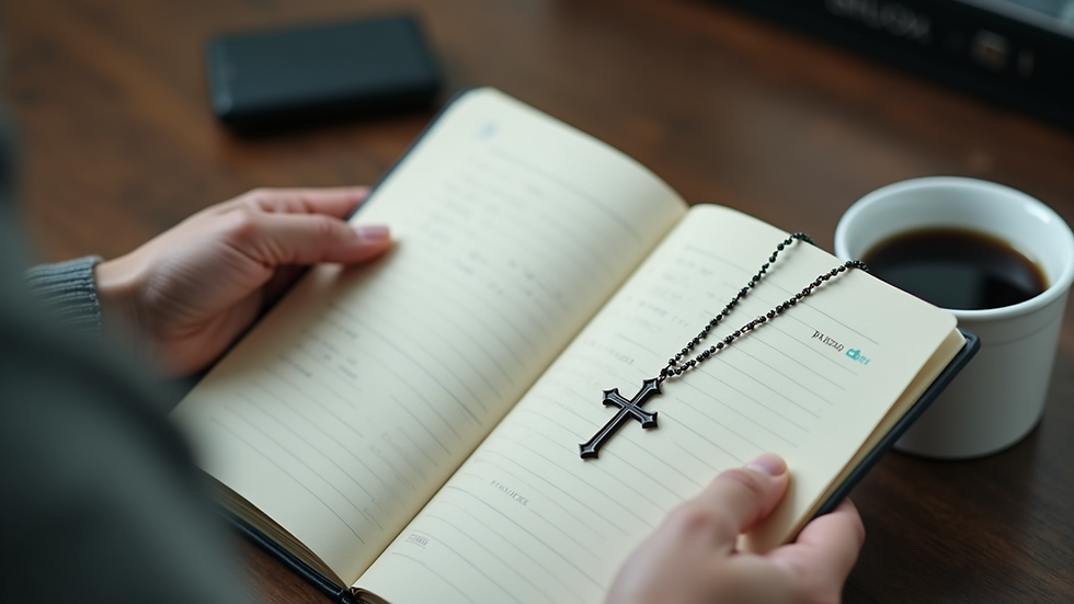 Close-up view of hands holding a notebook with financial goals and a cross necklace