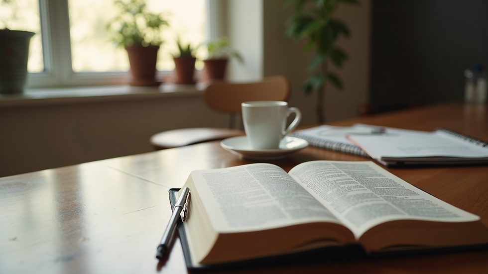 High angle view of a peaceful home office with a Bible and financial planning materials