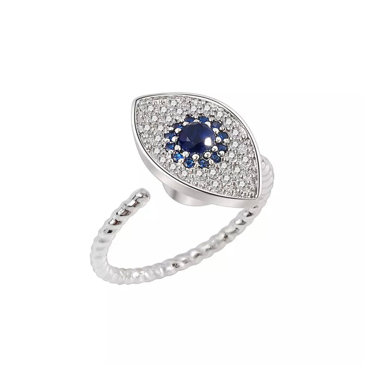 Silver Evil Eye Anxiety Ring, blue sapphire