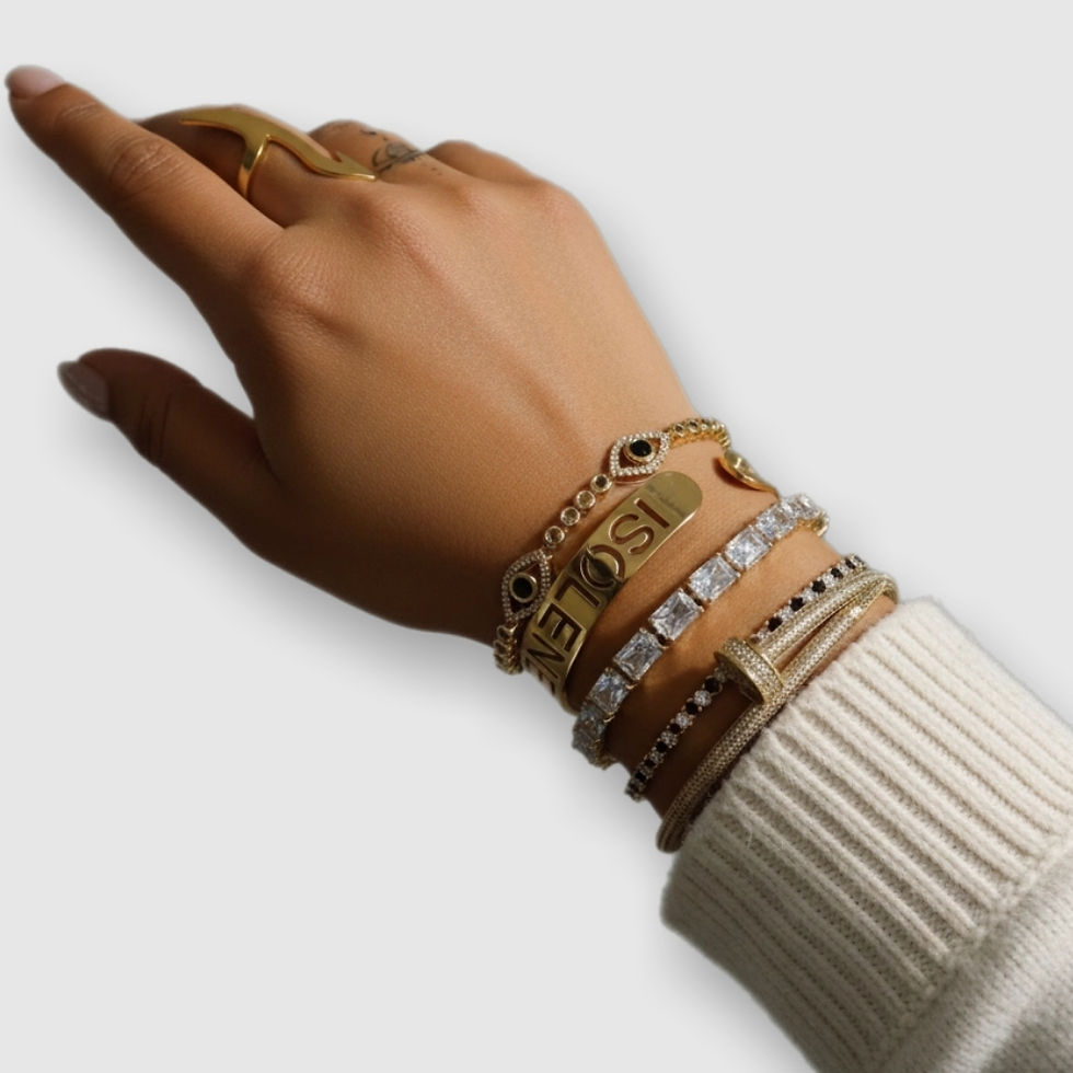 縮圖：Woman's hand displaying multiple gold bracelets and rings, with text, isolated background.