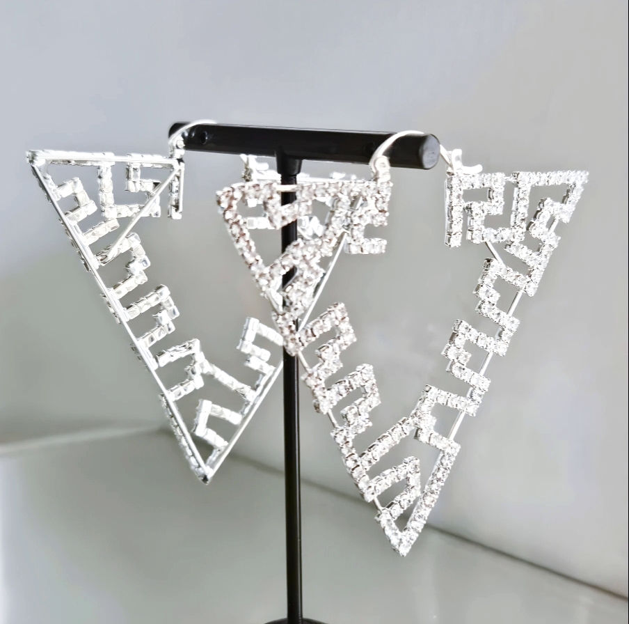 Thumbnail: Silver Crystal Triangle Hoops earrings