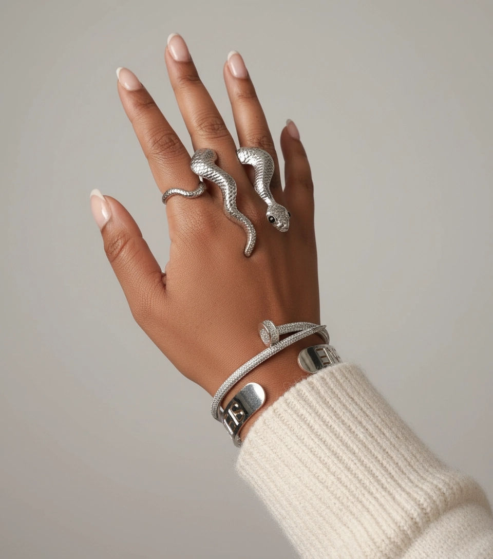 縮圖：Hand with rings and bracelet; silver jewelry on cream sweater background.