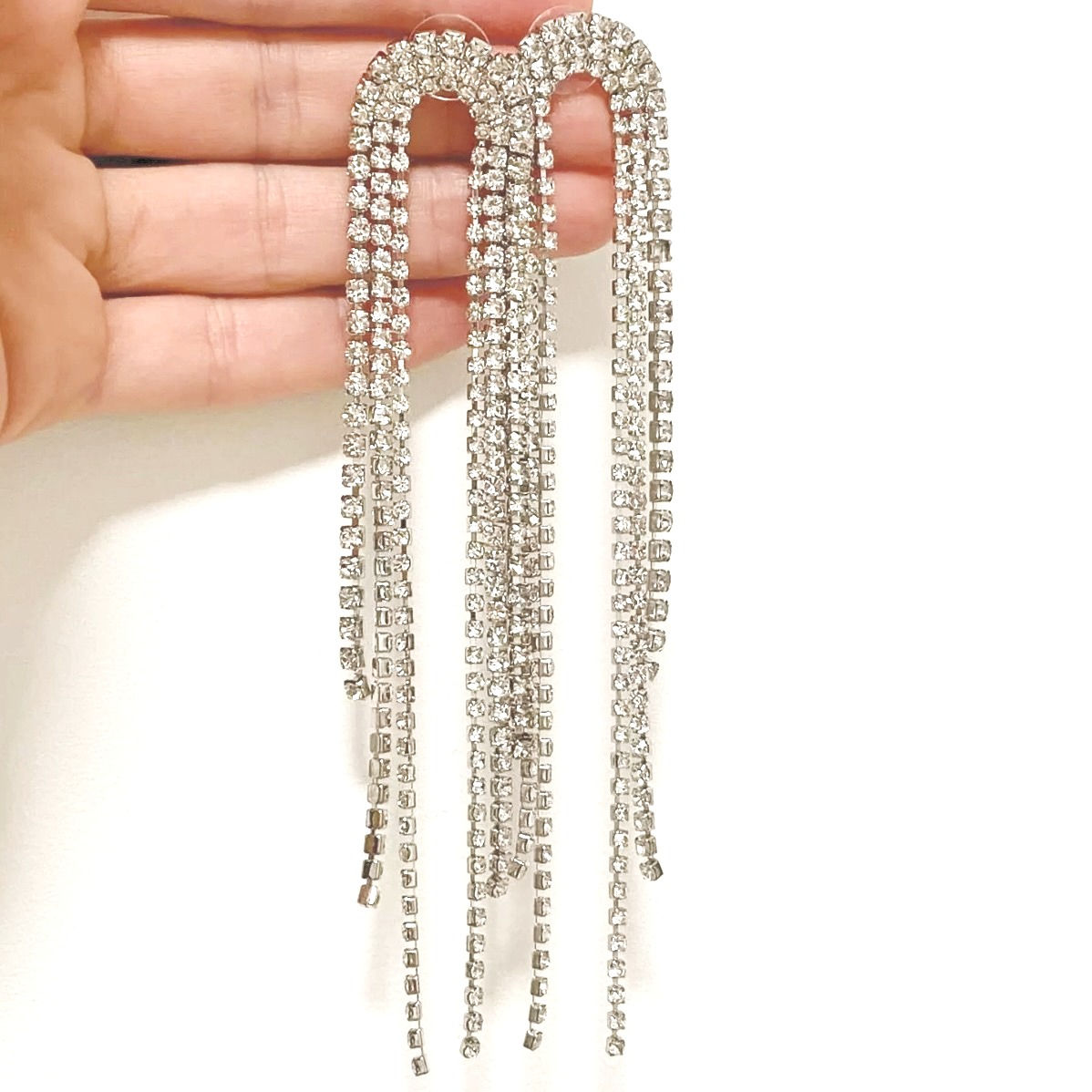 Rhinestone Tassel Earrings: Dazzling long silver earrings