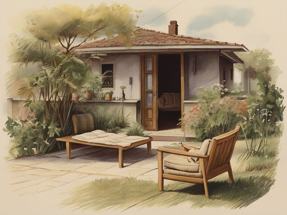A serene garden with a wooden chair and lounge near a cottage. Greenery surrounds the area, conveying a peaceful, inviting atmosphere.
