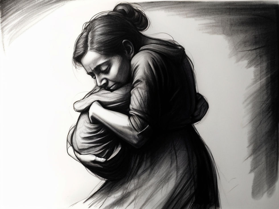 A monochrome drawing of a woman hugging a figure closely, conveying deep emotion. Soft shading and contrasting light in the background.