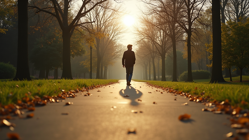 Eye-level view of a person walking on a quiet park path