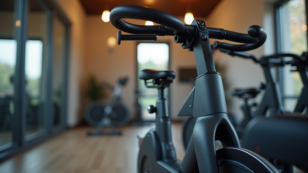 Close-up view of a stationary bike in a home gym setting