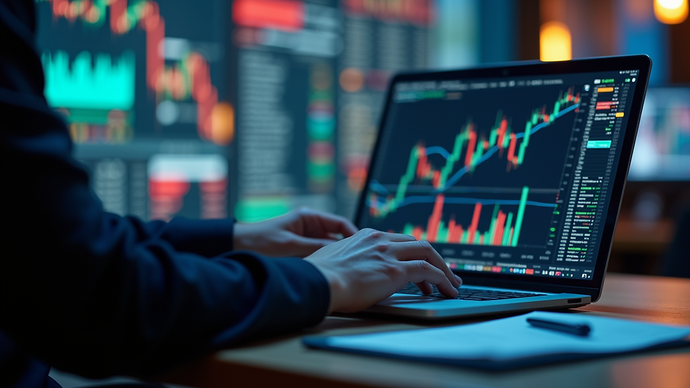 Eye-level view of a trader analyzing multiple market charts on a laptop