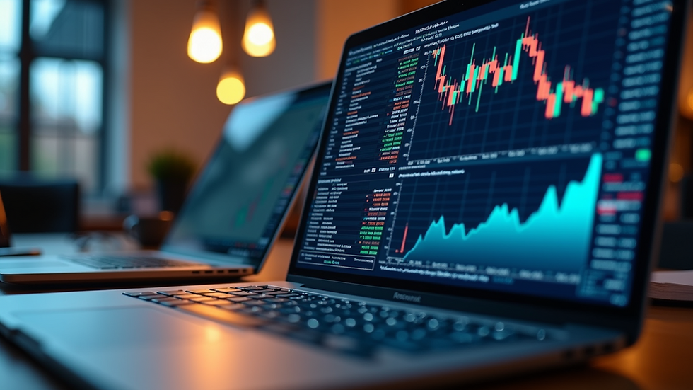 Eye-level view of a trader’s desk with a laptop and financial charts