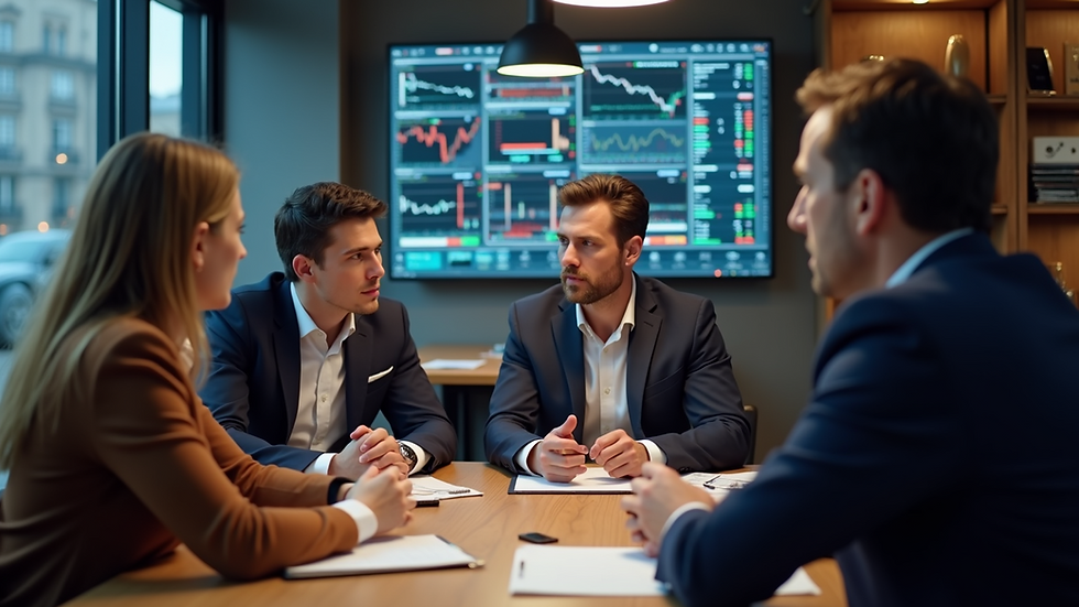 Eye-level view of a group of traders discussing strategies in a cozy setting