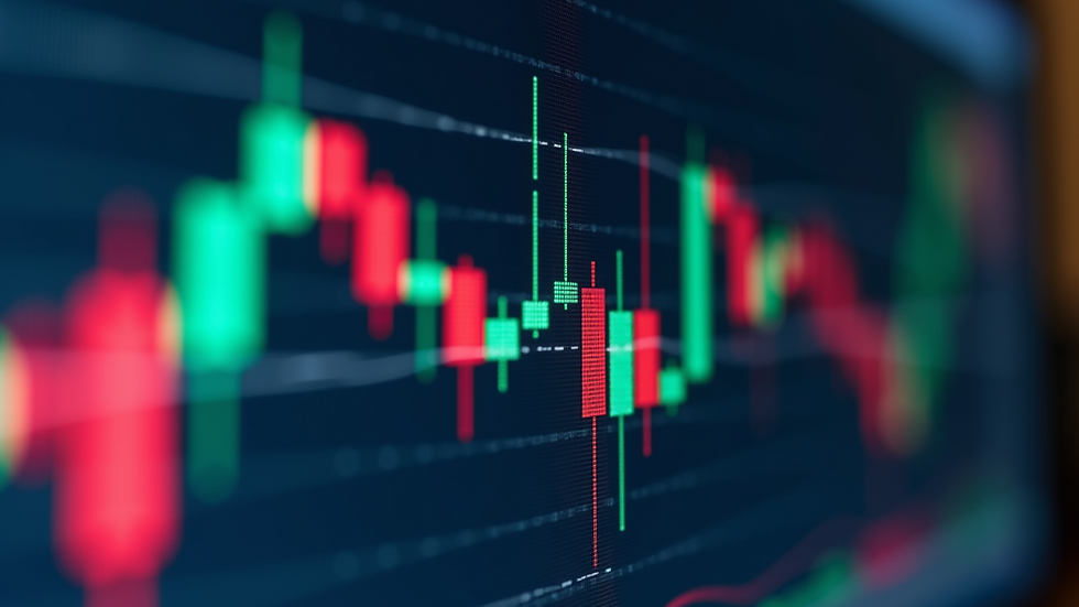 Close-up view of a computer screen showing candlestick charts and volume bars