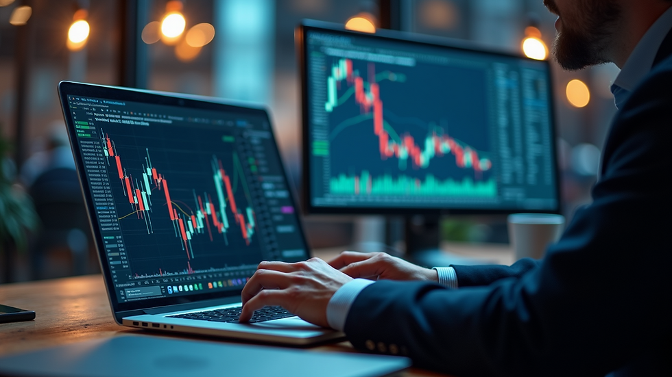 Eye-level view of a trader analysing multiple market charts on a laptop