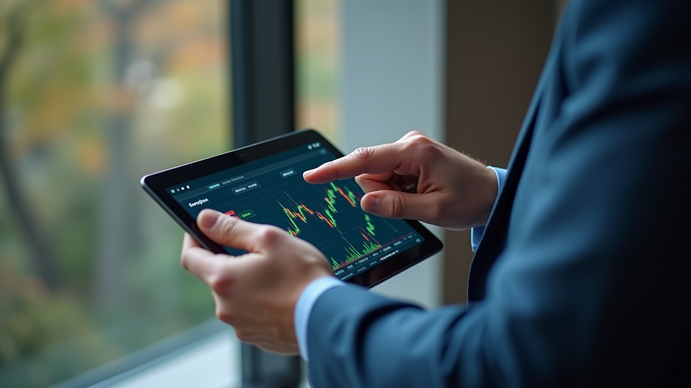 High angle view of a financial advisor pointing at a secure trading platform on a tablet