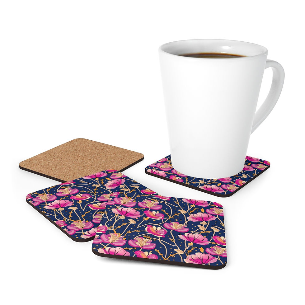 Thumbnail: Japanese Floral Midnight Fuchsia Corkwood Coaster Set (4pc)