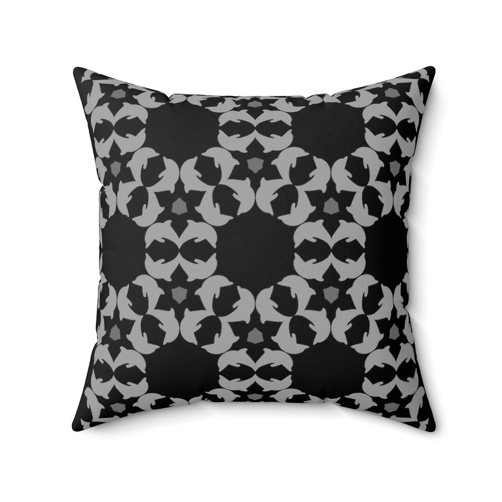 Thumbnail: Dolphins Quad Hex Pattern. Greys on Black.  Spun Polyester Square Pillow