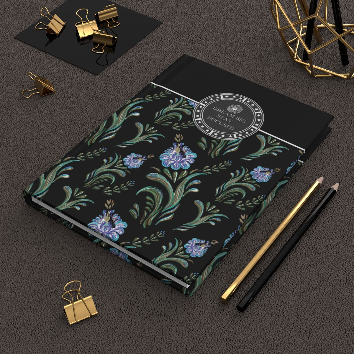 Gorgeous Purple Flora and Black Designed Dream and Goal Hardcover Journal Matte