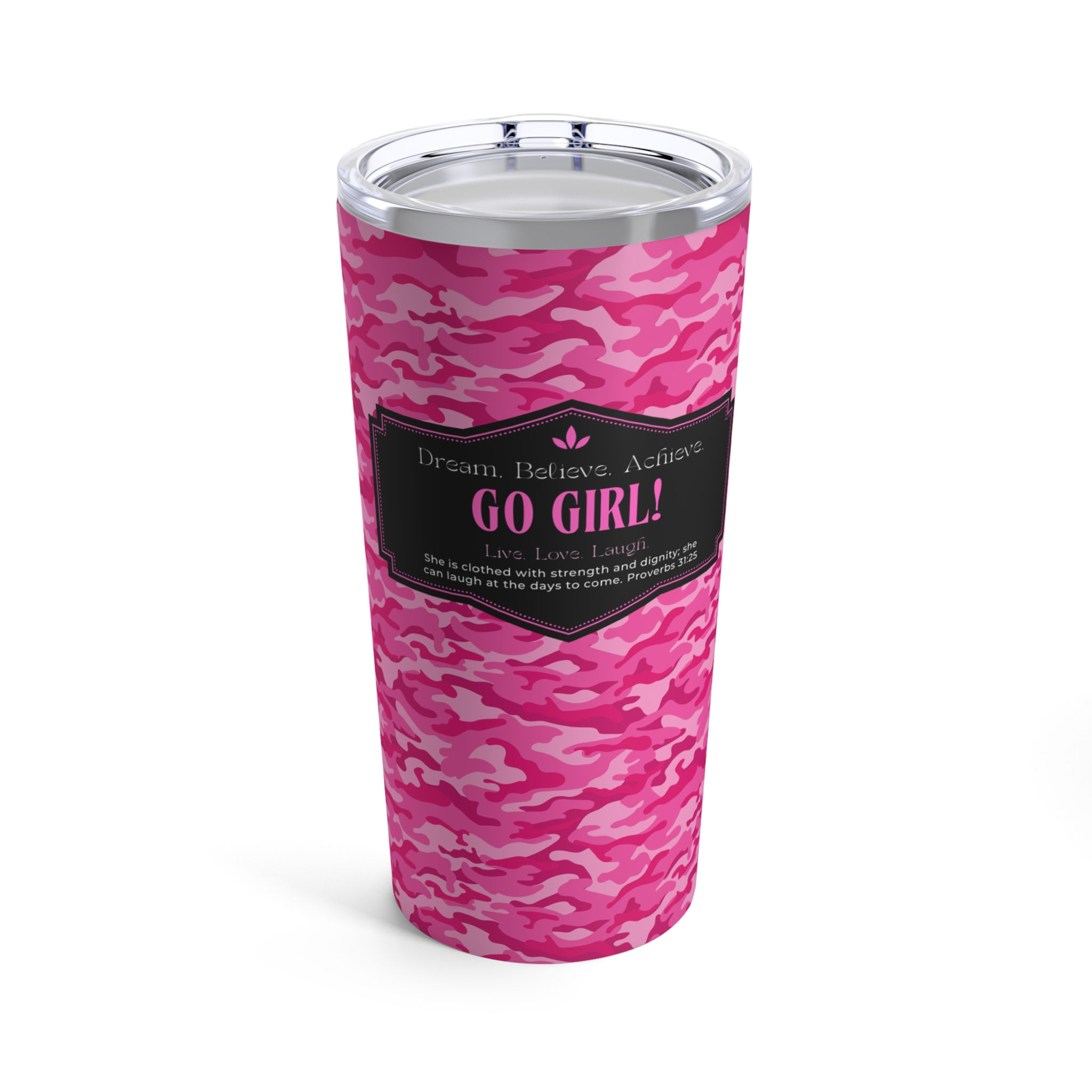 Go Girl Warrior Proverbs 31:35 Pink Military Tumbler 20oz