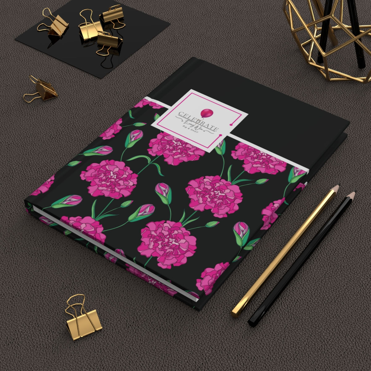 Beautiful Vibrant Pink and Black Floral Personal Journal Hardcover Matte