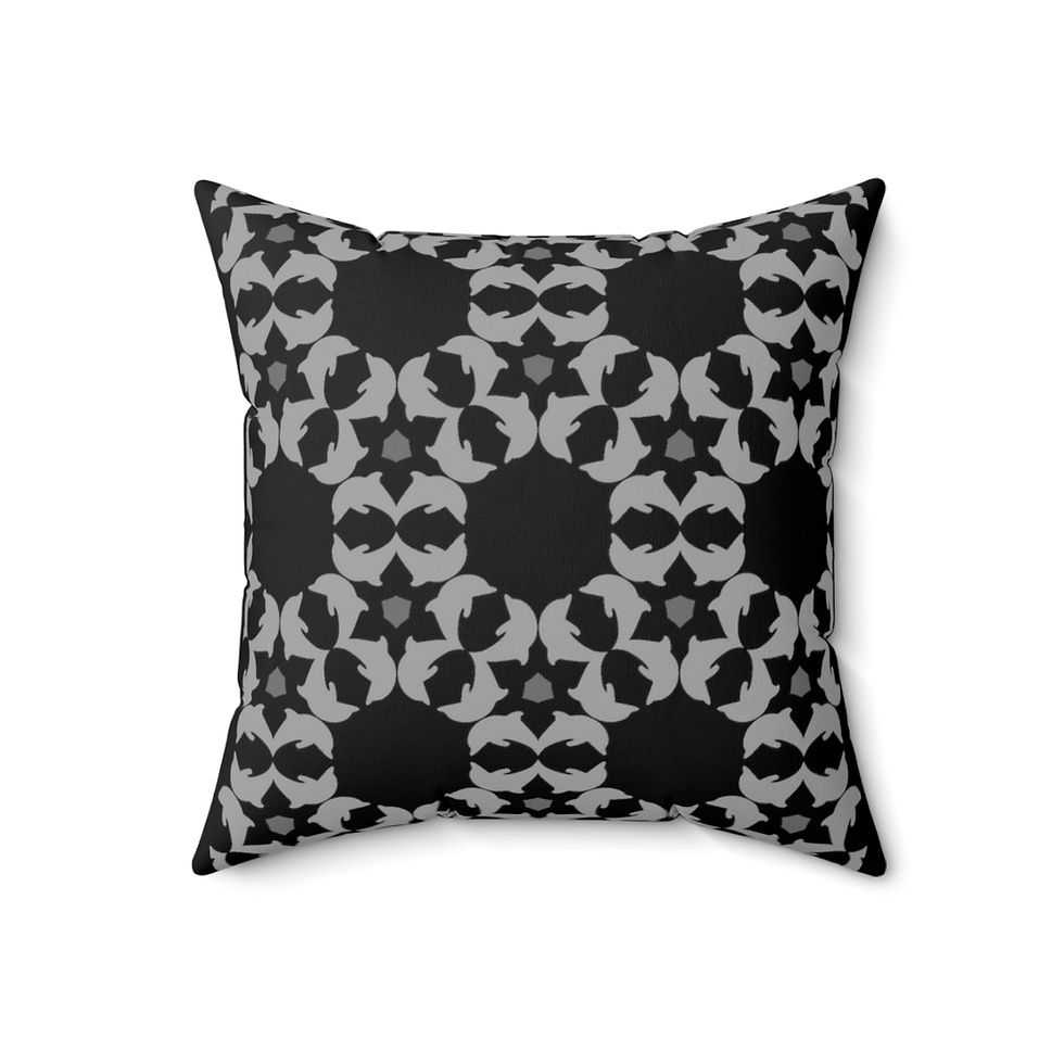 Thumbnail: Dolphins Quad Hex Pattern. Greys on Black.  Spun Polyester Square Pillow