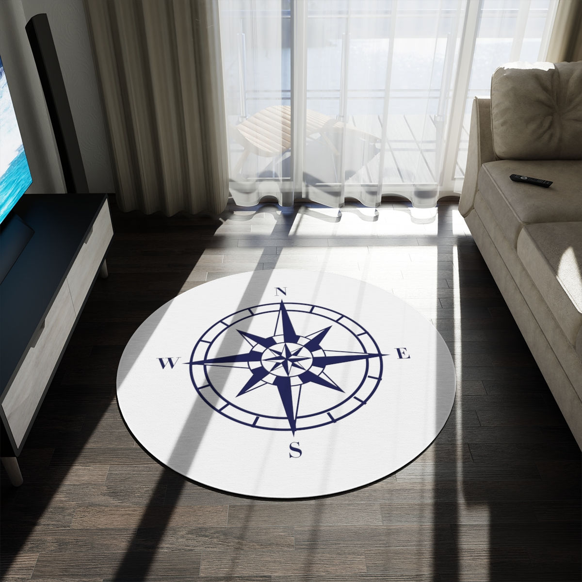 Nauti-Line. Blue Compass on White Field. Round Rug