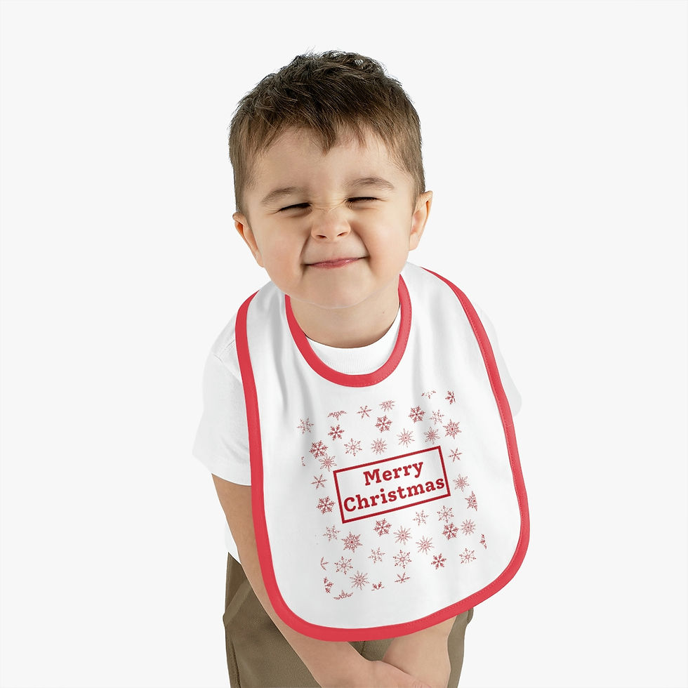 Thumbnail: "Merry Christmas" Red Snowflakes - Baby Contrast Trim Jersey Bib