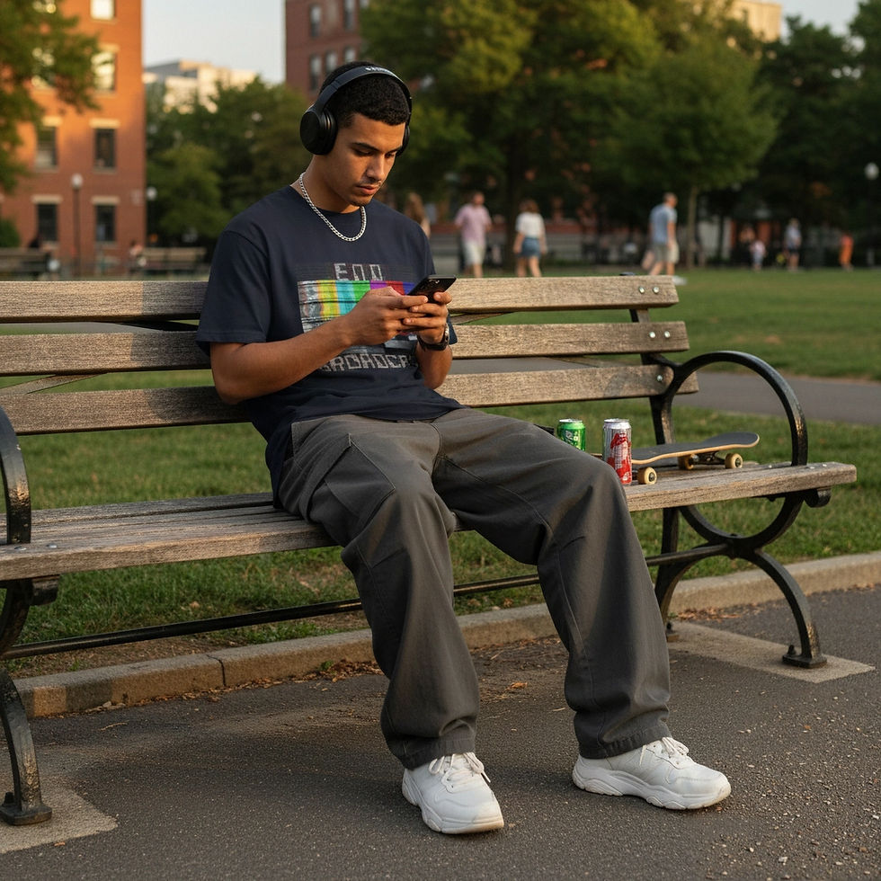 Thumbnail: Model wearing a gas mask glitch art shirt while sitting on a park bench with headphones on & phone in hand