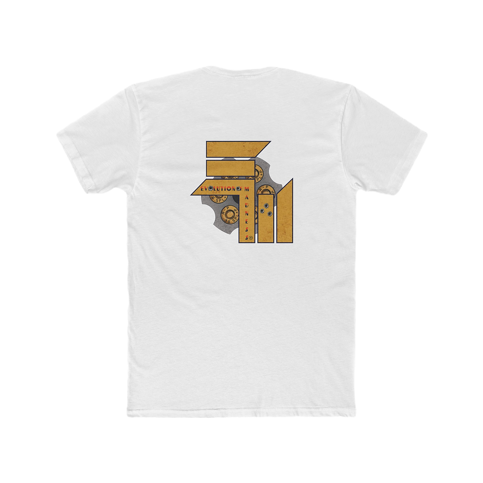 Back view featuring an industrial logo with a revolver cylinder and bullet casings on a white cotton crew tee.