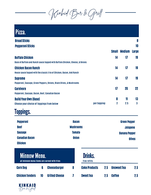 Kinkaid Bar & Grill Menu