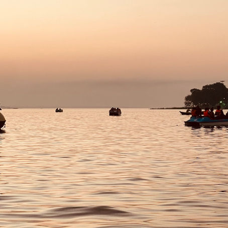 A peaceful lake at sunset