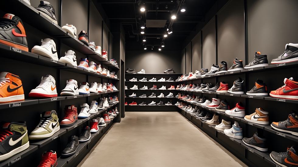 Eye-level view of a sneaker boutique interior with rare trainers on shelves