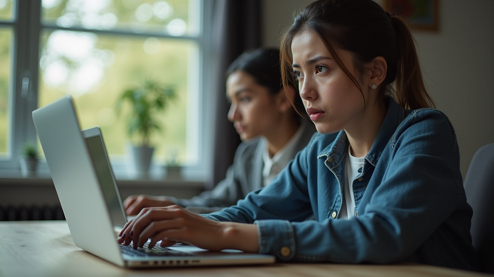 Eye-level view of a person using a laptop with a concerned expression