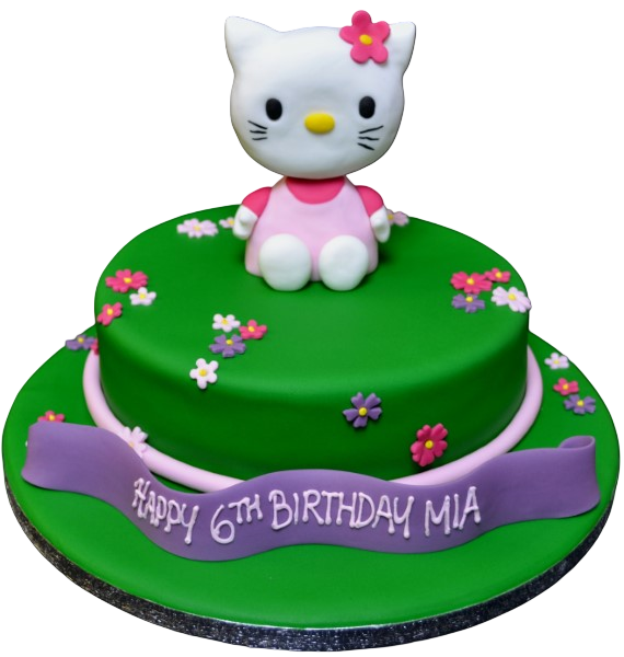 A cute and whimsical Hello Kitty-themed 3D cake created for a special occasion, featuring the beloved character on a round cake base. Perfect for fans of this iconic character.