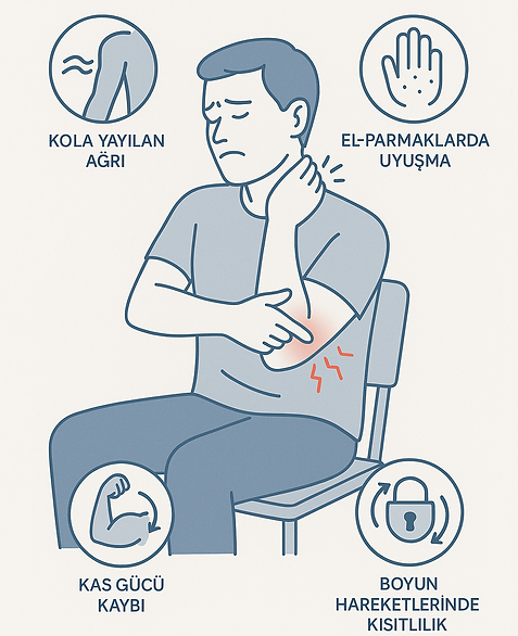Boyun fıtığı belirtilerini gösteren görsel, boyun ağrısı, kola yayılan sinir ağrısı, uyuşma ve kas güçsüzlüğü
