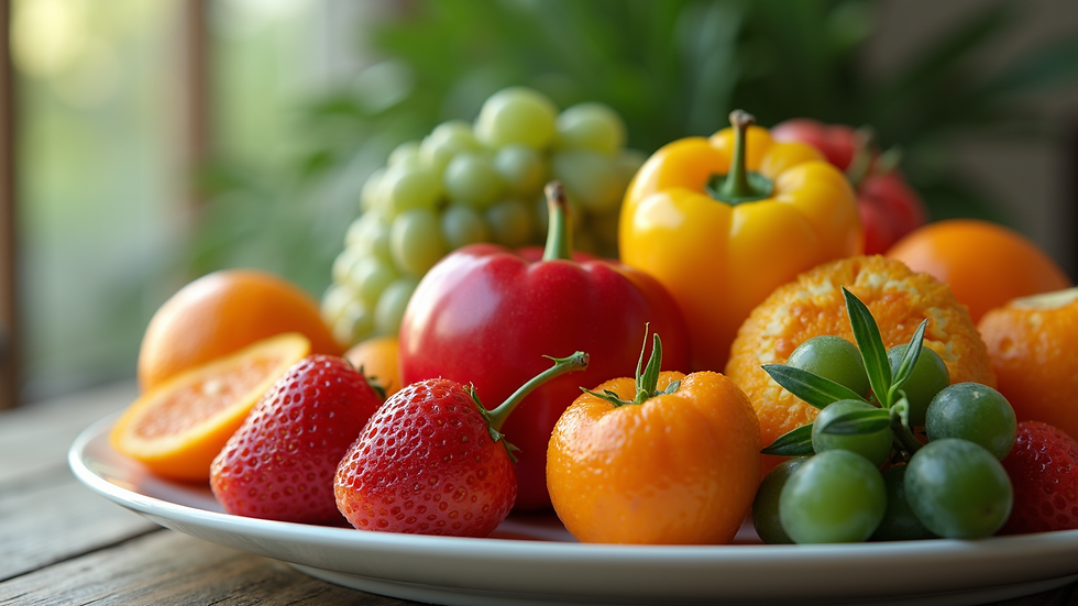 Eye-level view of a colorful plate filled with fresh fruits and vegetables